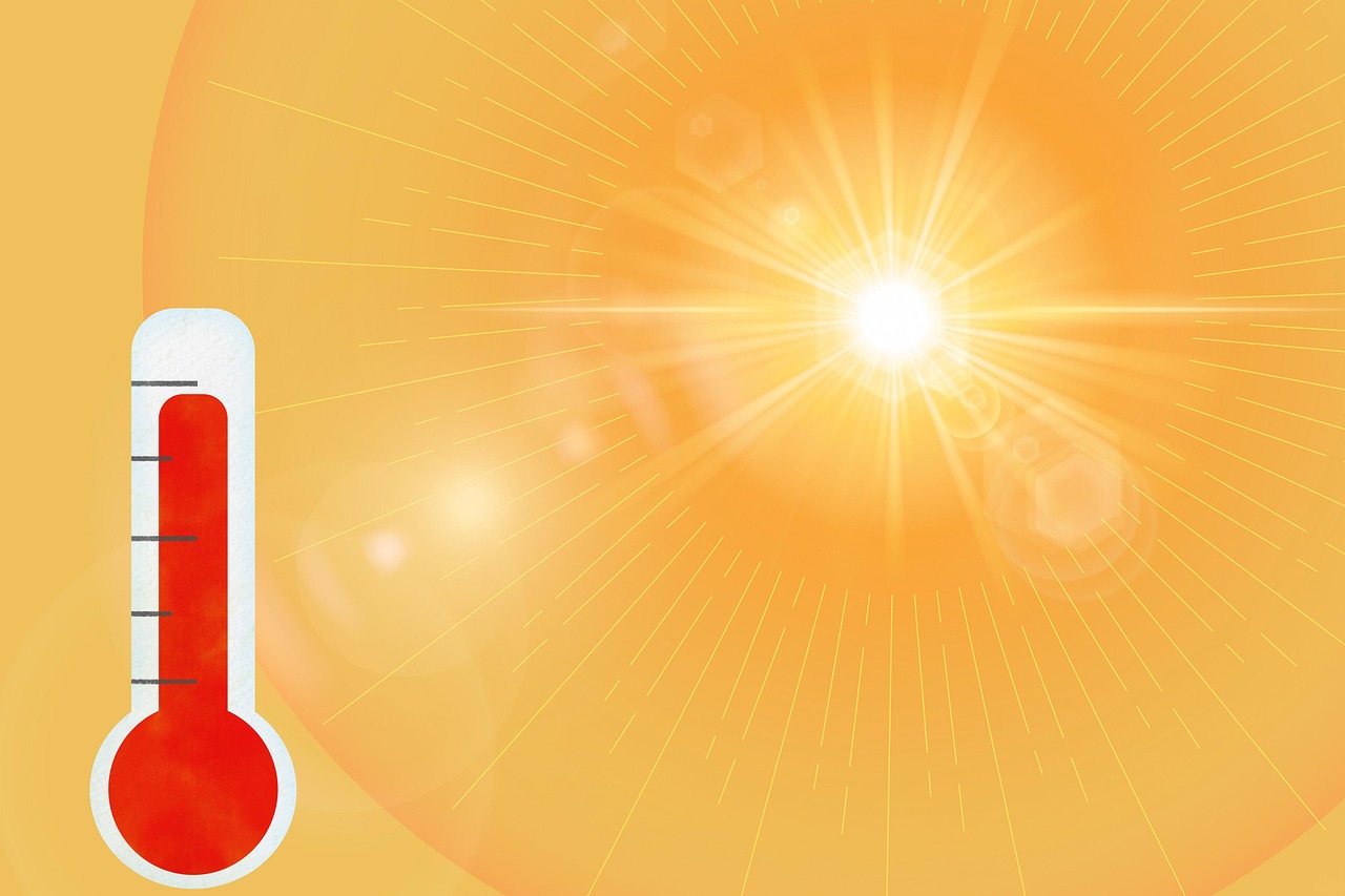 SOnne, rotes Thermometer, Symbolbild für Hitze